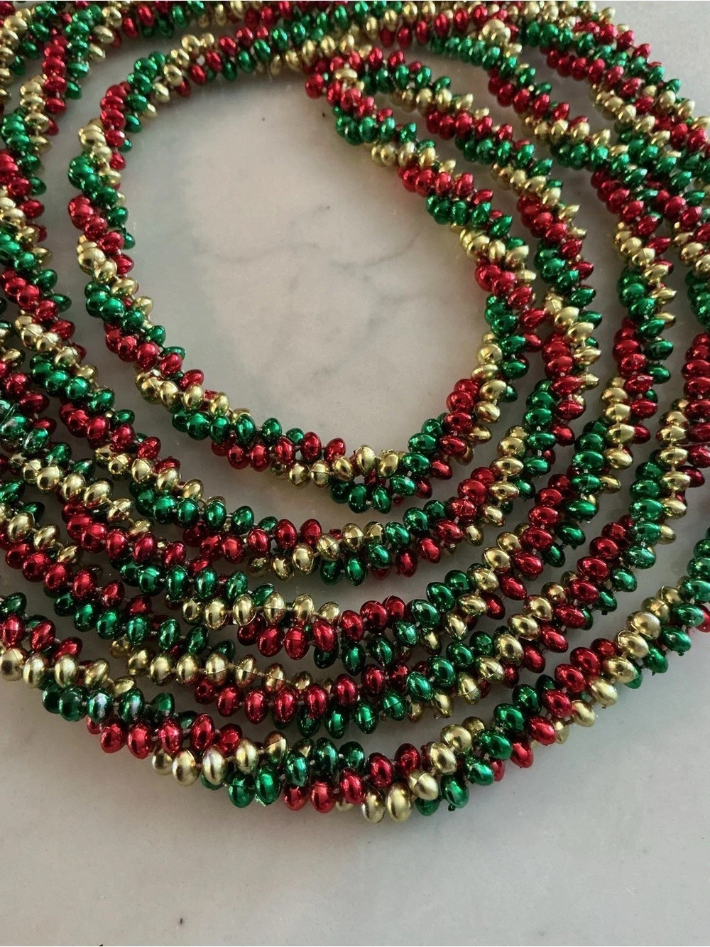 Vintage Christmas Garland Trim - 3 strand Twist Red & Green Gold Bead - 7.5 feet